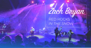 Zach Bryan performing under purple lights and falling snow at Red Rocks with text that says "Zach Bryan, Red Rocks in the snow"