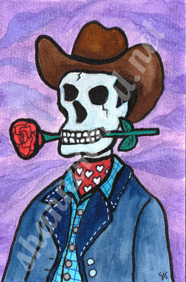 A cowboy with nothing to lose—literally. This dapper skeleton leans easy in the saddle, a flirty pink scarf with white hearts tied just right, and a cheeky rose clenched between his teeth. Hollow eyes might not wink, but the tilt of his hat says it all.