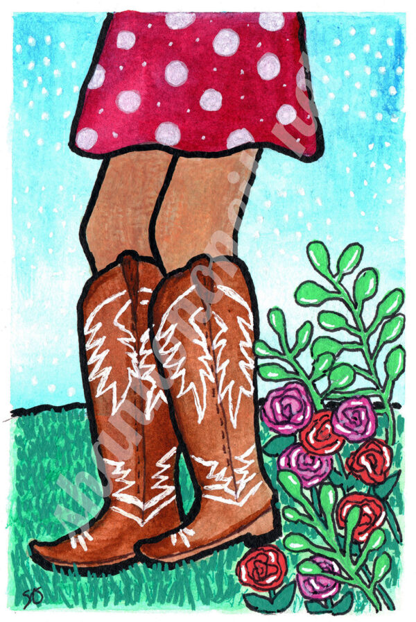 Sun-kissed legs in brown cowboy boots kick up just a little, the red polka-dot skirt swaying in a breeze that knows a secret. The wildflowers flirt, the grass leans closer—because even nature knows she’s got a way of turning heads.