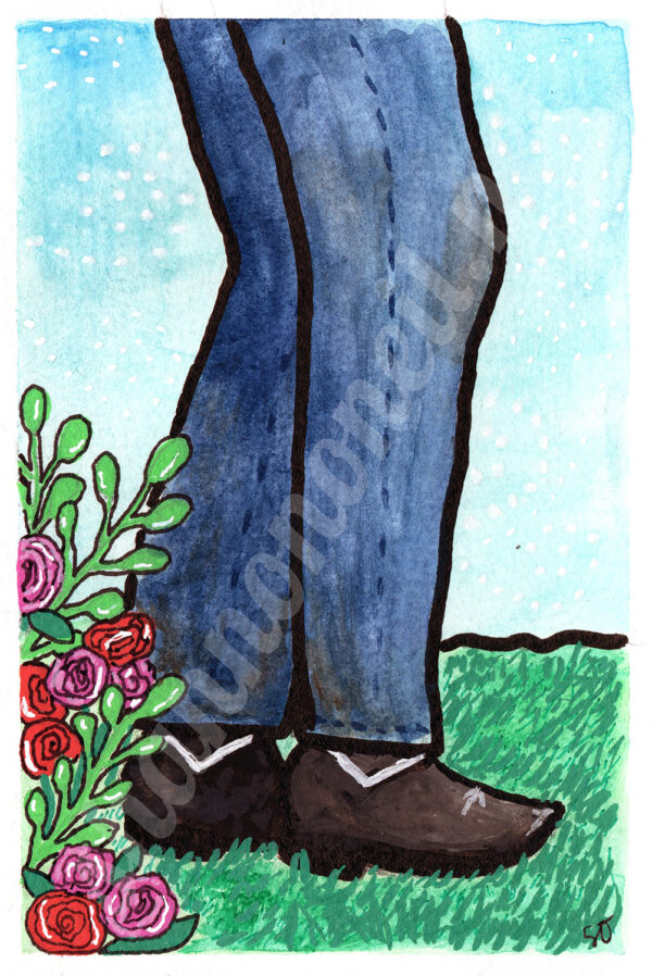 A well-worn pair of black cowboy boots, scuffed from long rides and dusty trails, peek out from under faded blue jeans. Rooted firm in the grass, they’re dependable, no-nonsense—until the wildflowers start nudging. The leaves whisper, the petals lean in. Maybe even the toughest boots can be swayed.