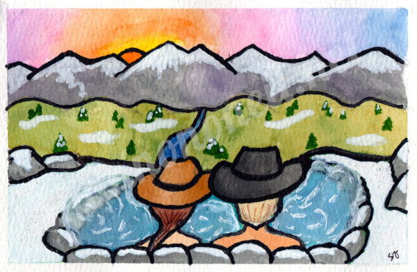 Tucked away in a secret hot spring, a cowboy and cowgirl steal a steamy moment under a soft setting sun. Snowy peaks rise in the distance, crisp and untouchable, but here in the water, it’s nothing but laughter, stolen glances, and the kind of heat that has nothing to do with the springs.