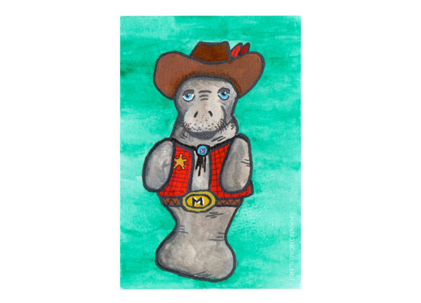 Saltwater Cowboy watercolor print of a manatee cowboy