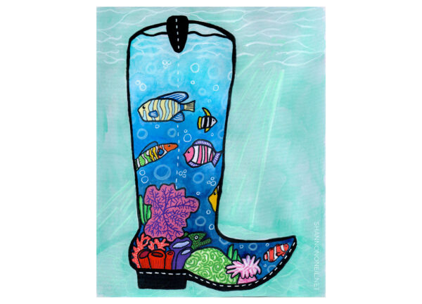 Under the Seams aquarium boot watercolor coastal cowgirl painting